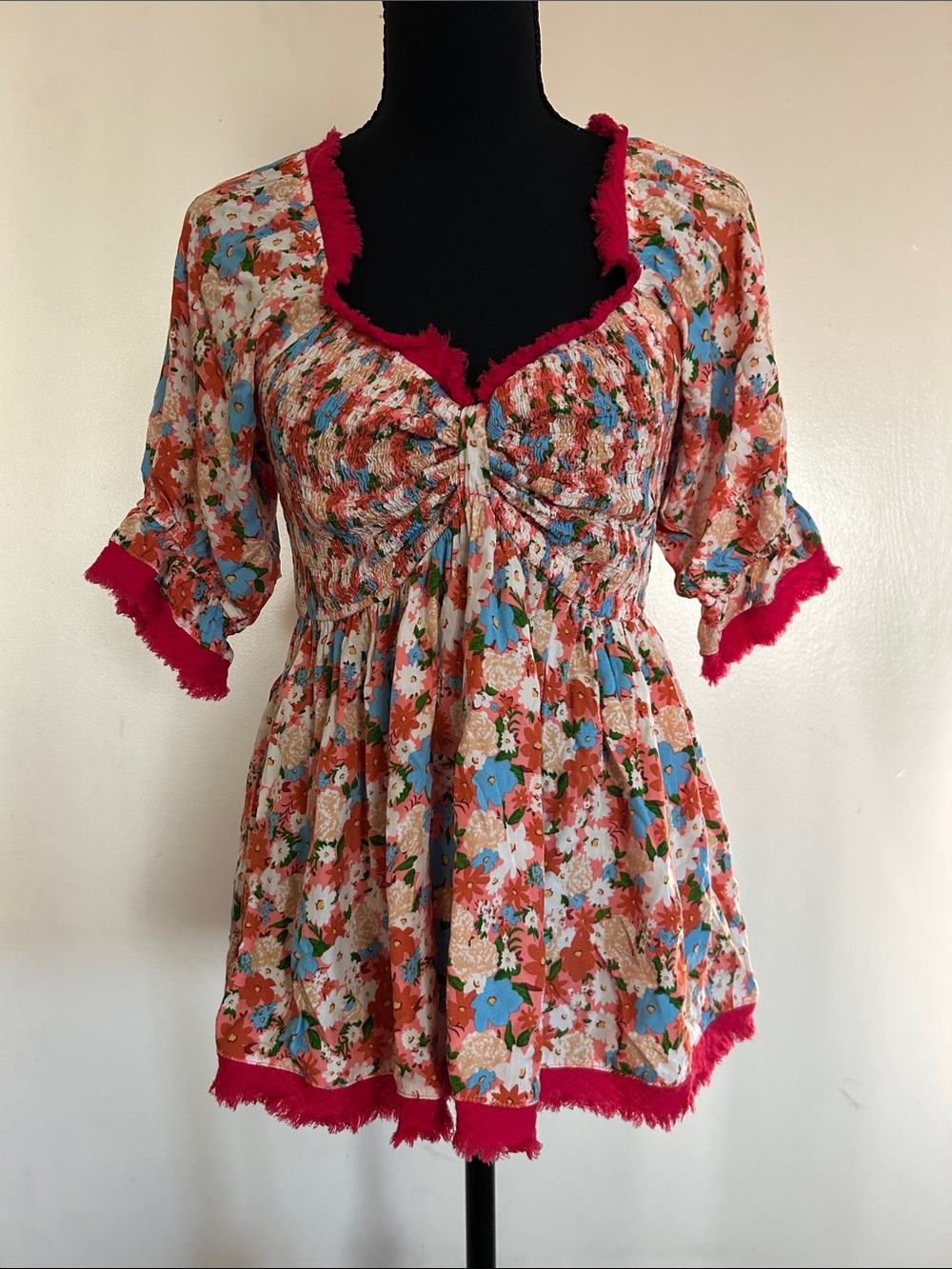 Umgee Boho Whimsical Floral Print Multicolor Smocked Peasant Blouse Fringe Trim